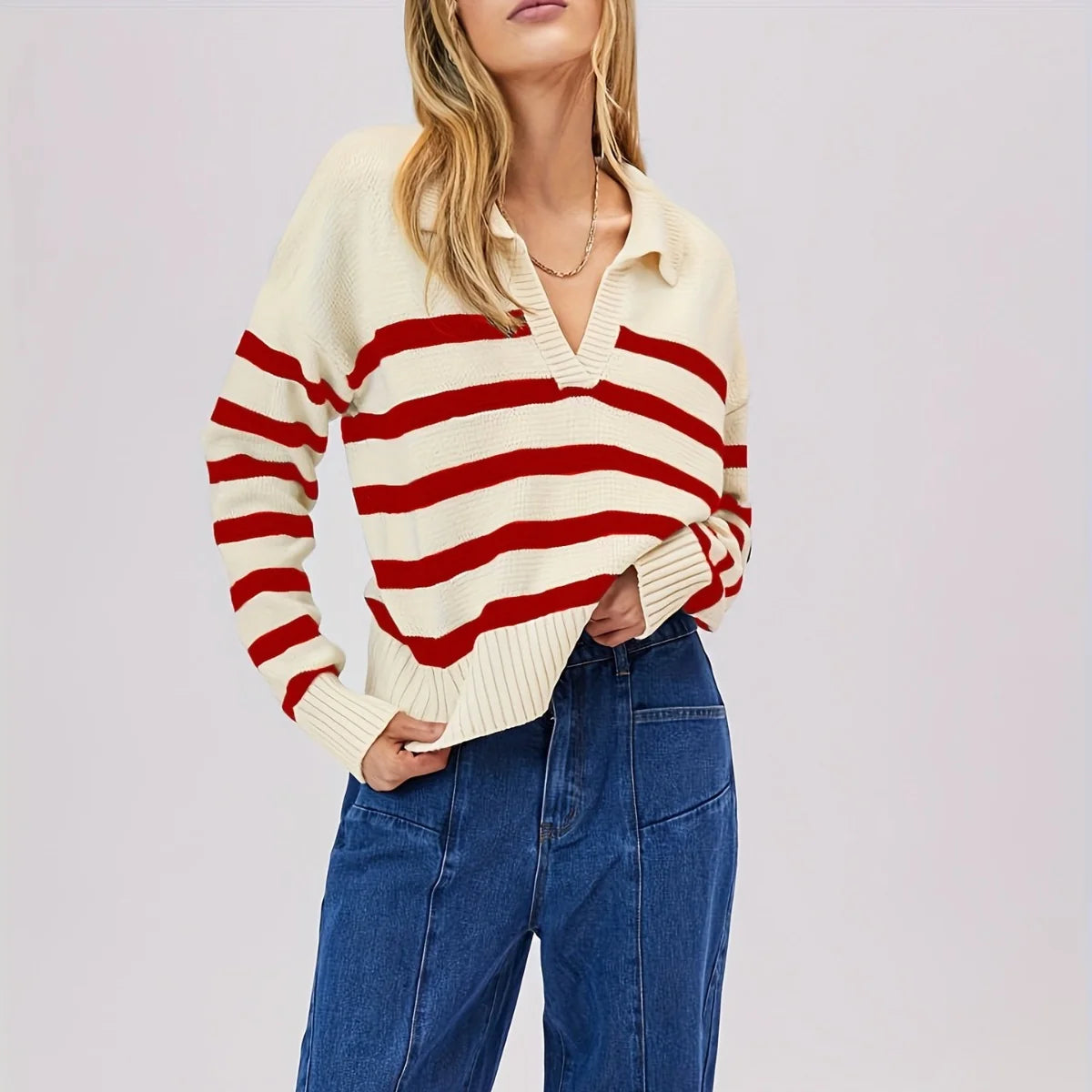 Jersey Mujer Rayas Cuello Solapa | Lana y Algodón