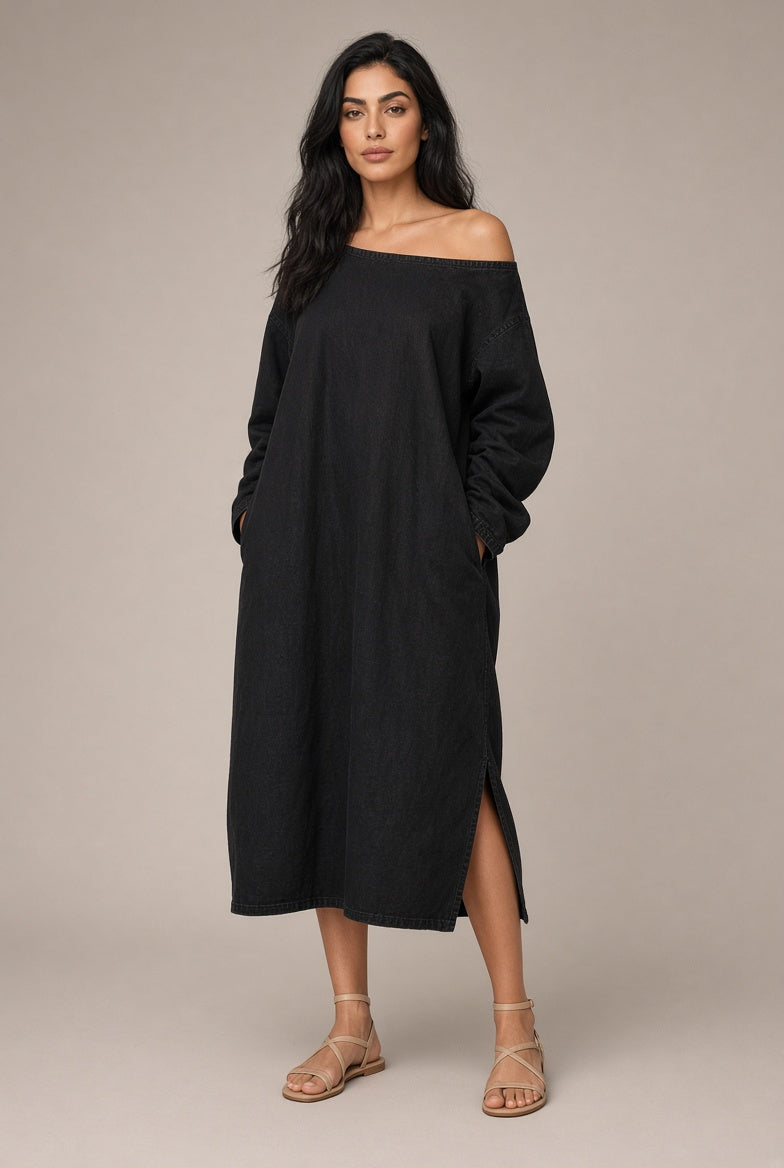 Vestido Largo Mujer Escote Asimétrico | Algodón-Lino