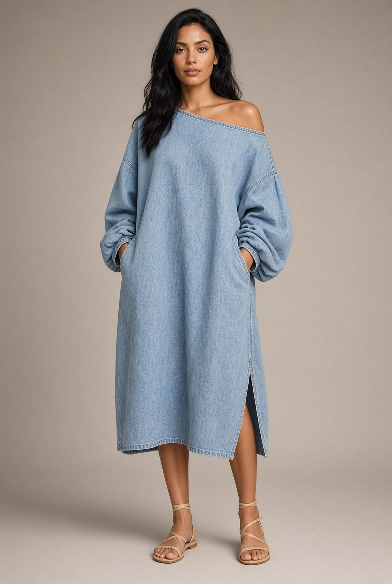 Vestido Largo Mujer Escote Asimétrico | Algodón-Lino