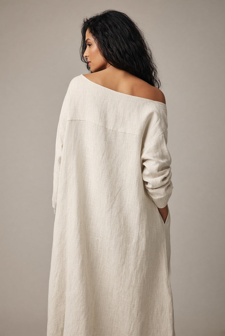 Vestido Largo Mujer Escote Asimétrico | Algodón-Lino