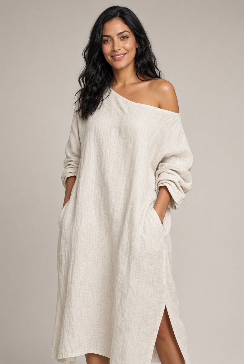 Vestido Largo Mujer Escote Asimétrico | Algodón-Lino