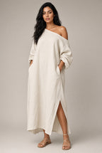 Vestido Largo Mujer Escote Asimétrico | Algodón-Lino