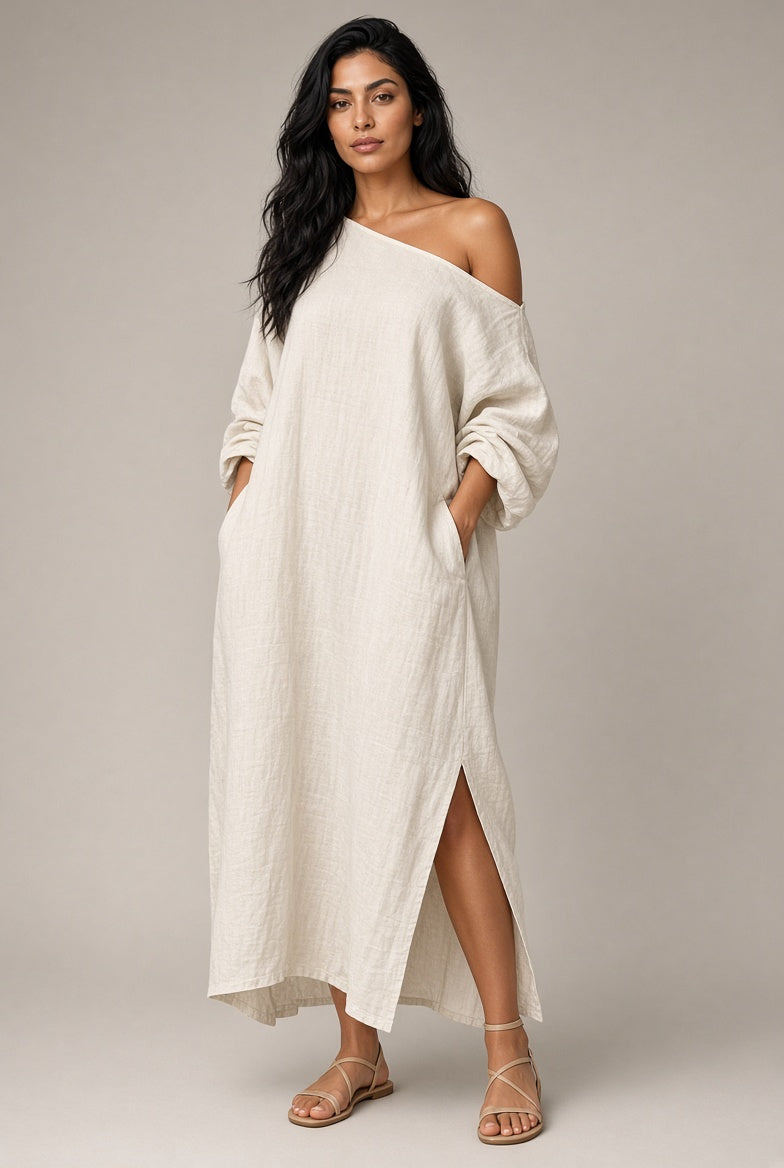 Vestido Largo Mujer Escote Asimétrico | Algodón-Lino