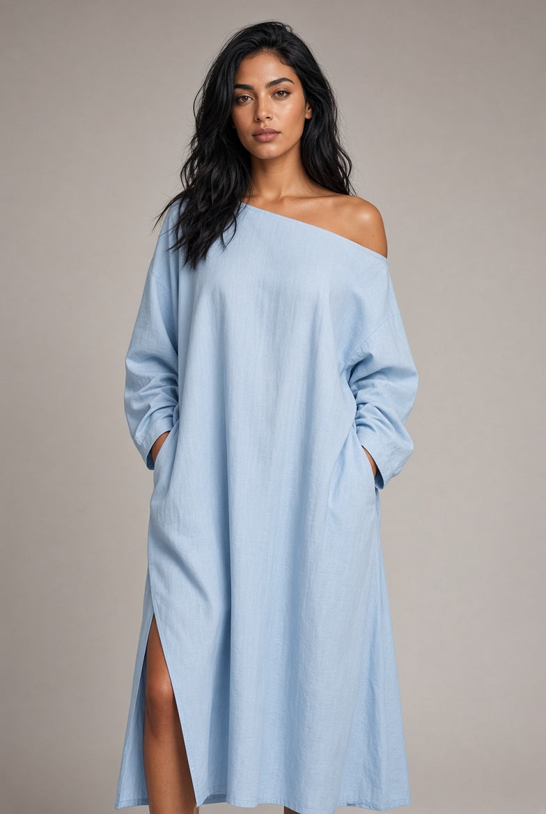 Vestido Largo Mujer Escote Asimétrico | Algodón-Lino