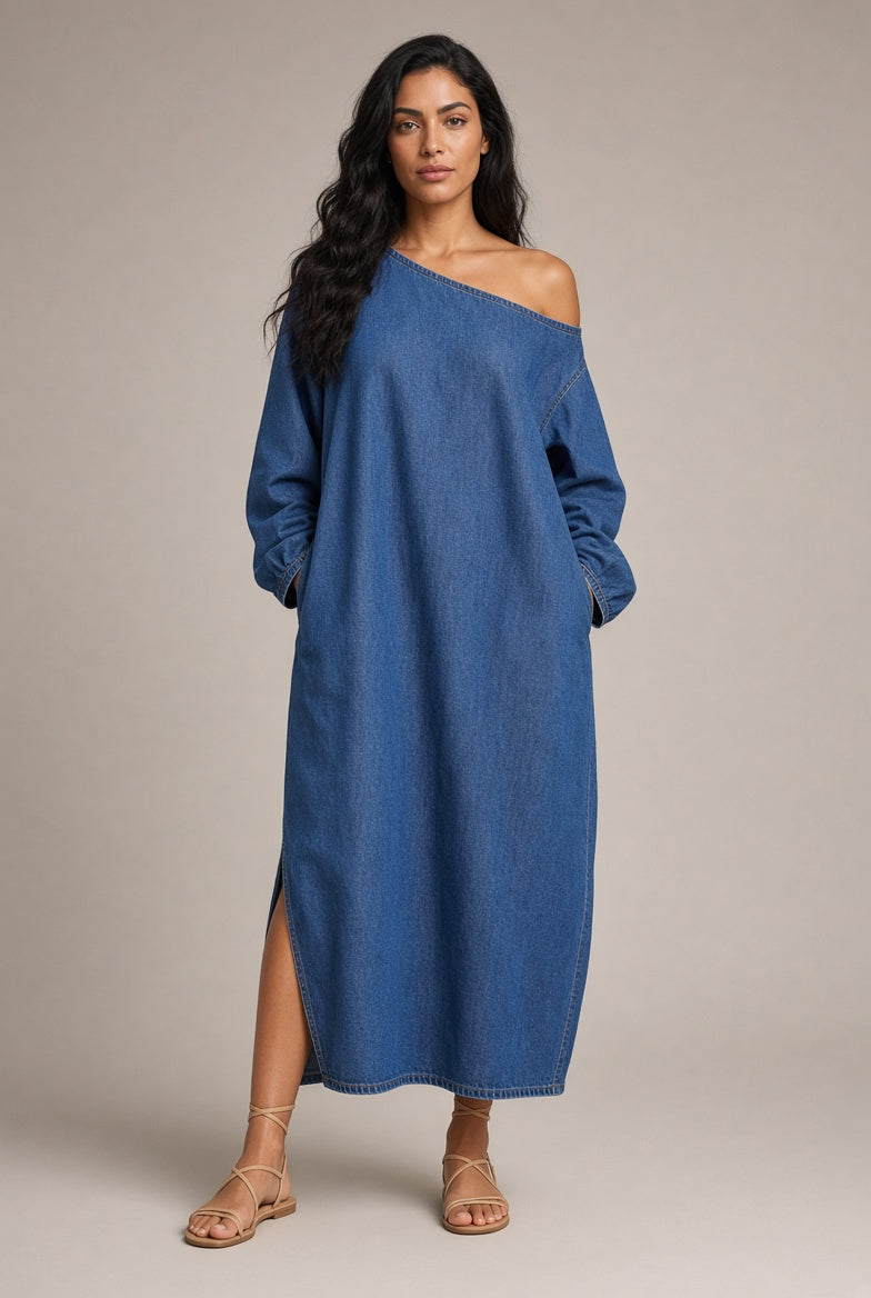 Vestido Largo Mujer Escote Asimétrico | Algodón-Lino